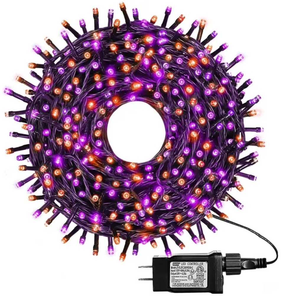 ABC 800 LED Halloween-Weihnachtslichter für den Außenbereich, orange und violette Weihnachtsbaumlichter, wasserdichte Blinklichter, grünes Kabel zum Anschluss an Lichterketten, 8 Dekorationsmodi für den Innenbereich Bild 1
