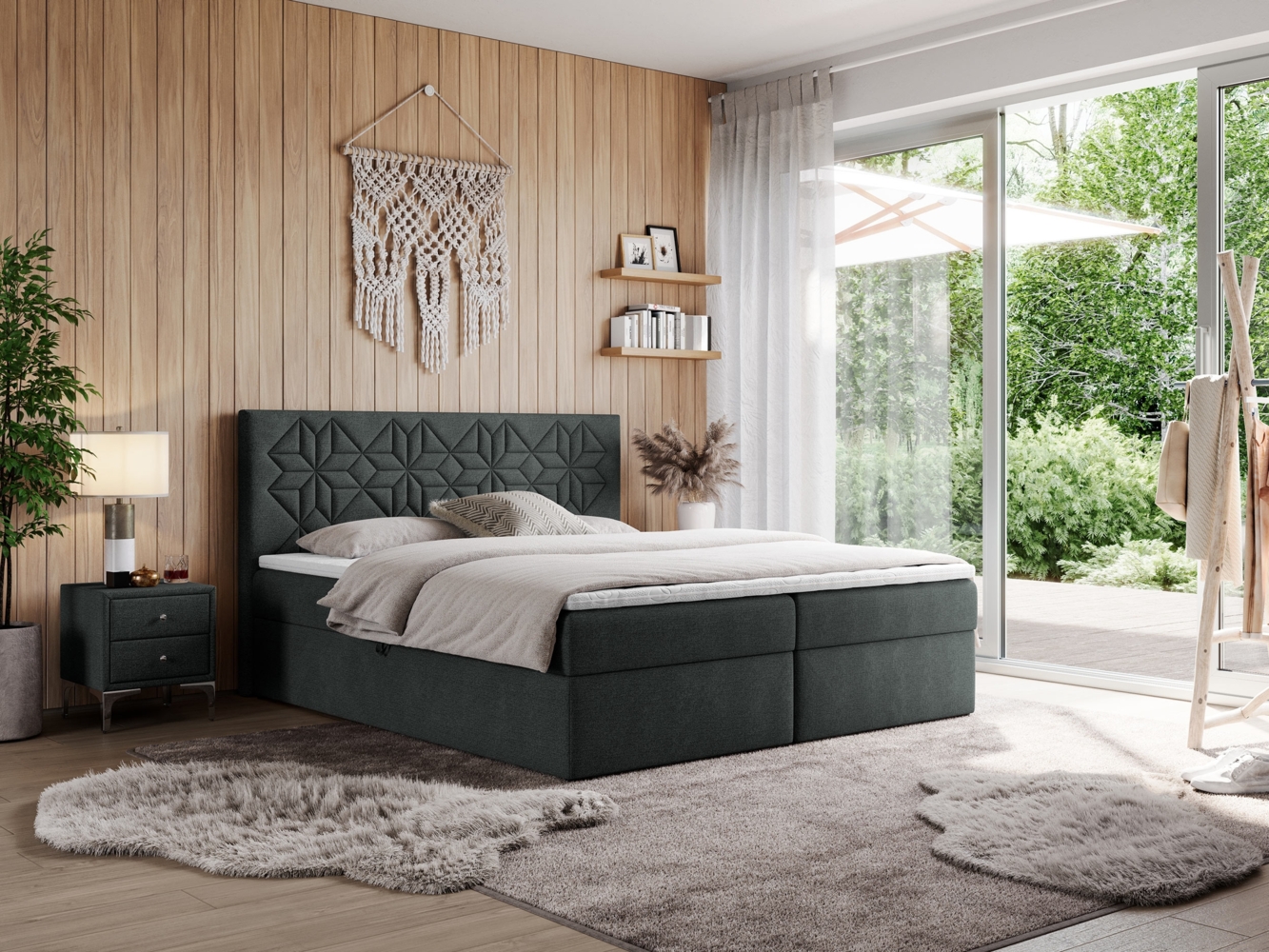 Boxspringbett, Doppelbett mit Multipocket-Matratzen und Topper, dekoratives Kopfteil - LEILA - 180 x 200 cm - Dunkelgrau Stoff - H4 Bild 1