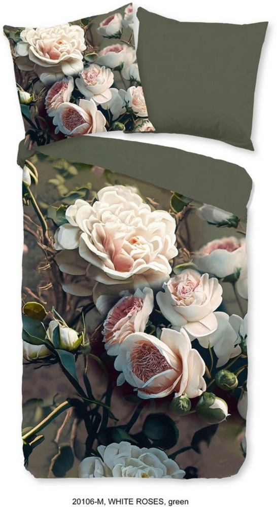 PURE luxury collection Wendebettwäsche White Roses, Microfaser, 2 teilig, Mikrofaser, 135x200, 2 Teilig, Wendeoptik, Weiße Rosen, Blumen, grün Bild 1