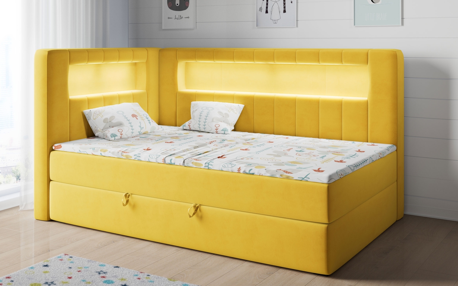 Boxspringbett mit LED, Einzelbett mit Bettkasten und Topper - JUNIOR GOLD 3 - 90x200 cm - Gelb - Linke Seite Bild 1