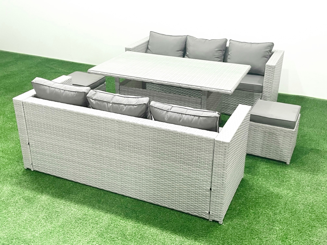 Fimous Rattan Gartenmöbel-Set 8 Sitzer mit Esstisch 2 kleine Fußhockern Hellgrau gemischt Bild 1