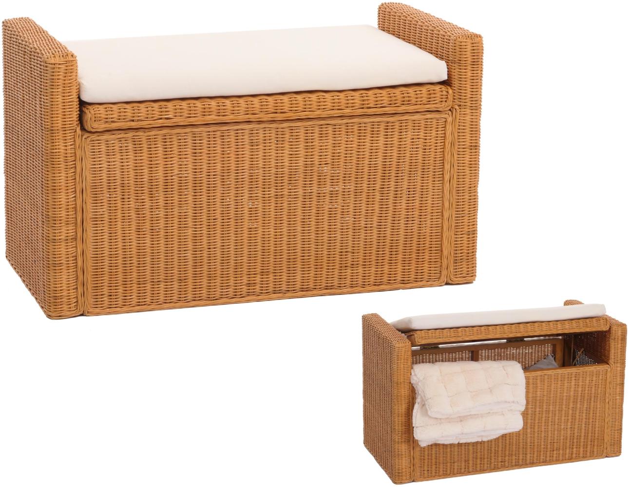 Sitzbank M92 Garderobenbank Bank Sitzhocker, mit Stauraum Kissen Kubu Rattan 88cm ~ honigfarben Bild 1