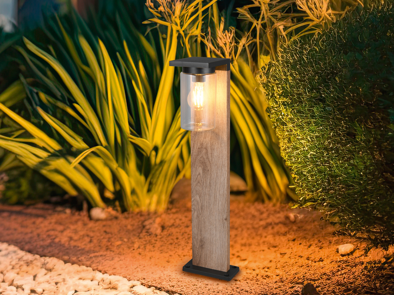 LED Sockelleuchte Laterne in Schwarz & Holzoptik mit Glasschirm, Höhe 65cm Bild 1