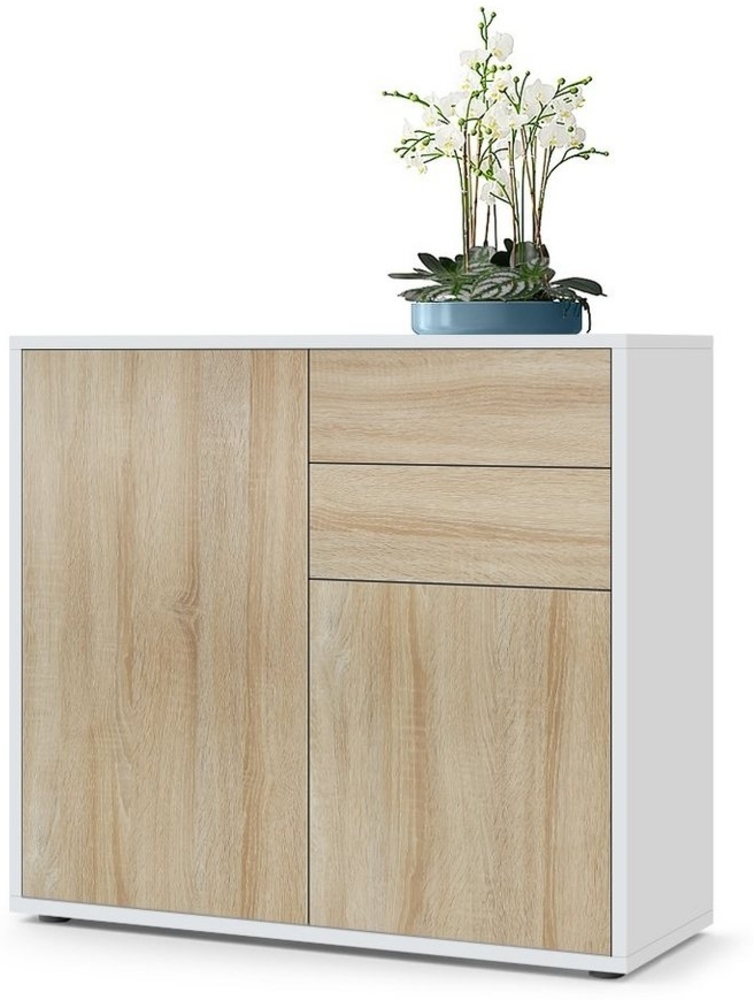 Vladon Sideboard Ben, Kommode mit 2 Türen und 2 Schubladen, Weiß matt/Eiche Sägegrau (79 x 74 x 36 cm) Bild 1