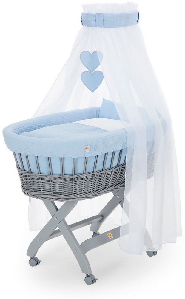 FabiMax Stubenwagen Grau lackiert, 2 in 1 Musselin / Waffelpiqué Komplettset Blau mit Decke und Kissen Bild 1