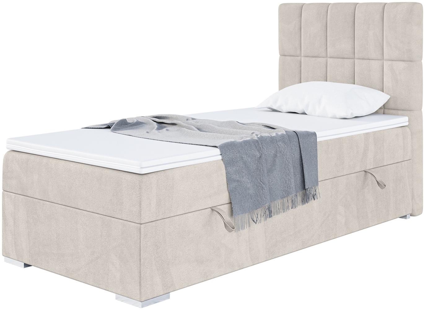 MEBLINI Boxspringbett LUKAS 80x200 cm mit Bettkasten - H3/Beige Samt Gepolstert Einzelbett mit Topper & Taschenfederkern-Matratze - 80x200 Rechts Bild 1