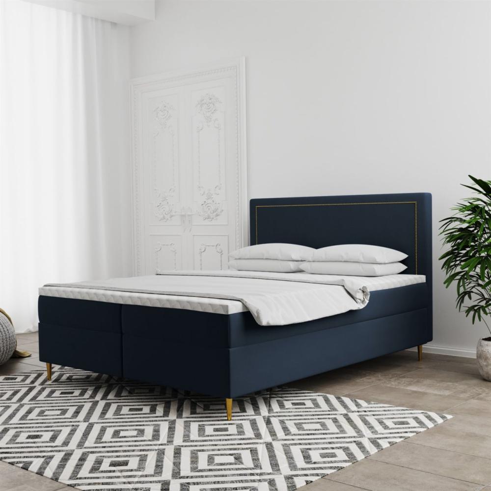 Boxspringbett Schlafzimmerbett LUCIEN 120x220cm in Stoff Soro Dunkelblau Bild 1