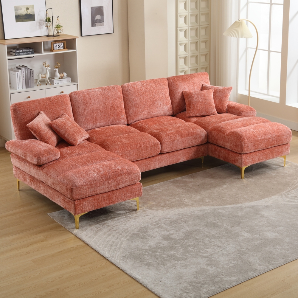 U-förmiges Sofa Chenille mit Liegepositionen, vier Rückenkissen, zwei Wurfkissen,goldene Metallfüße, rutschfeste Füße,Rosa Bild 1