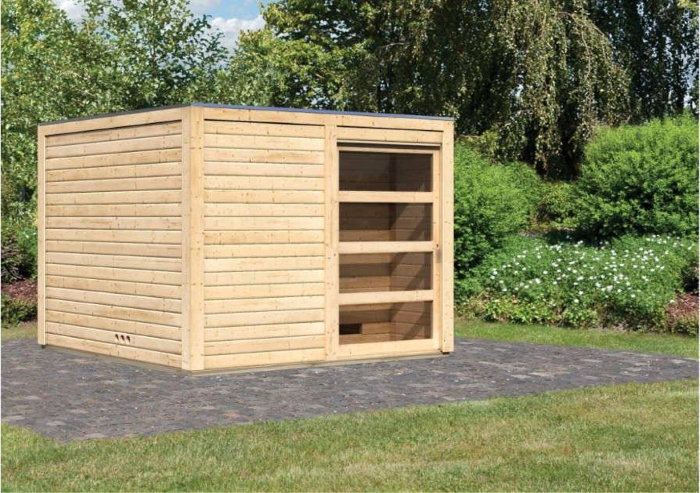 Karibu Saunahaus Cuben Gartensauna 3 Sitzbänke aus Holz Sauna mit 38 mm Wandstärke Außensauna mit Montagematerial Bild 1