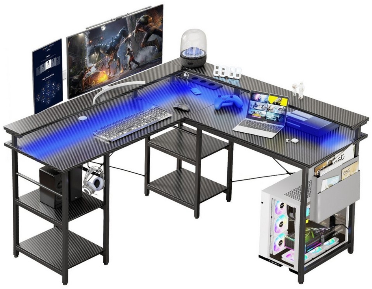 BBWL Computertisch L-förmiger Gaming-Schreibtisch mit LED, Steckdose, Monitorständer, 140 x 140 x 85 cm,mit Ablagefach, langer 2-Personen-Schreibtisch Bild 1