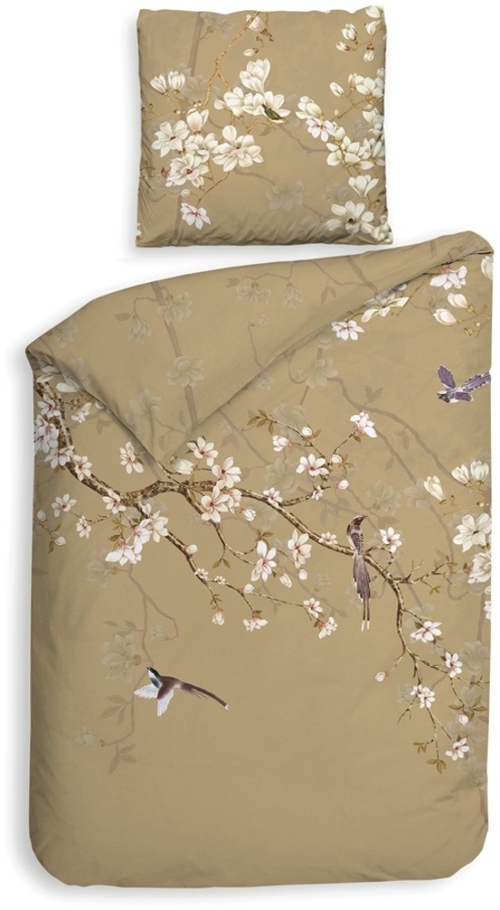 Heckett & Lane Satin Bettwäsche 135x200 Asahi beige gold Magnolie Äste Vögel Bild 1