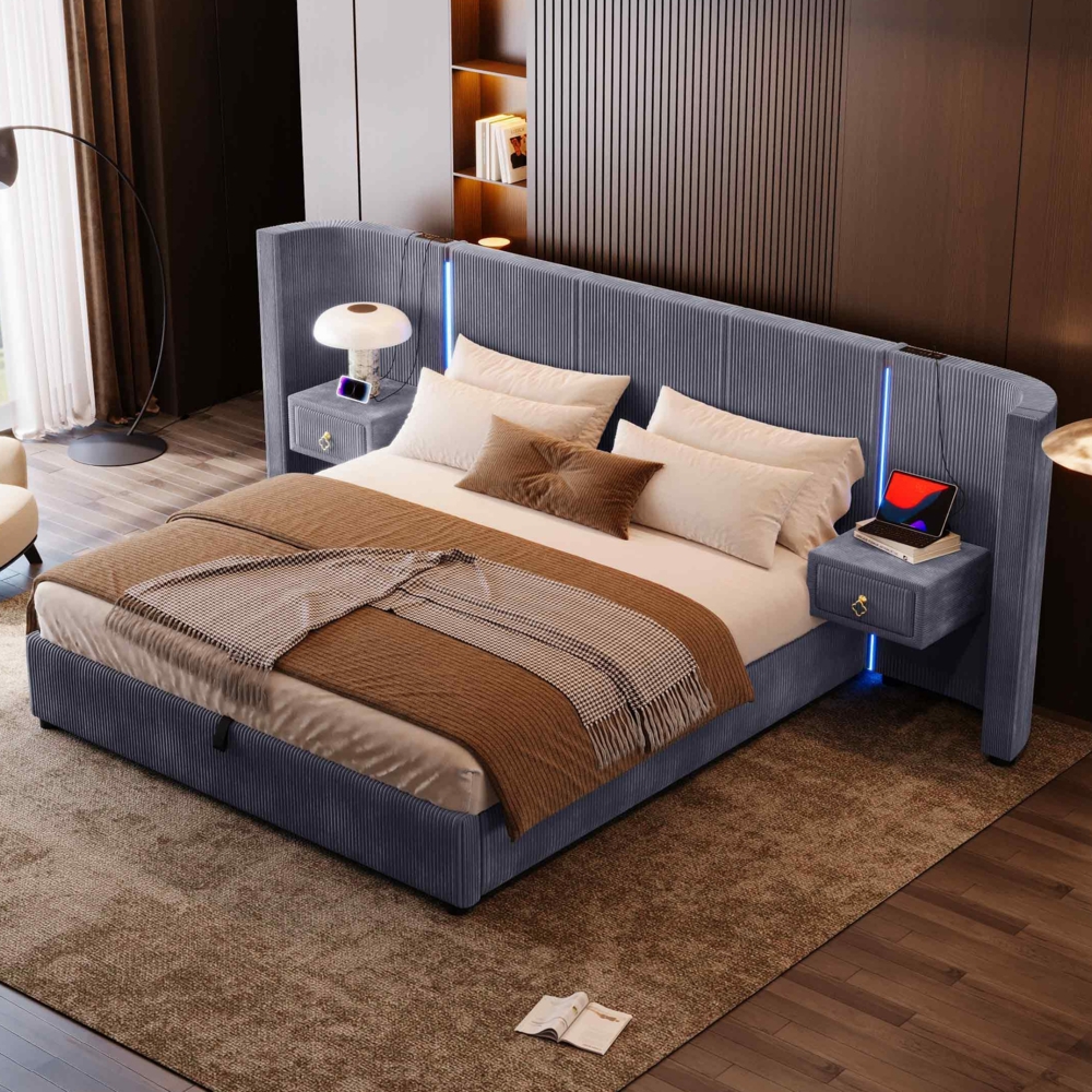 Polsterbett 180x200 cm mit Samtbezug, LED-Licht, hydraulischem Bettkasten, 2 Schubladen mit Partition, Stauraumbett,in Grau Bild 1