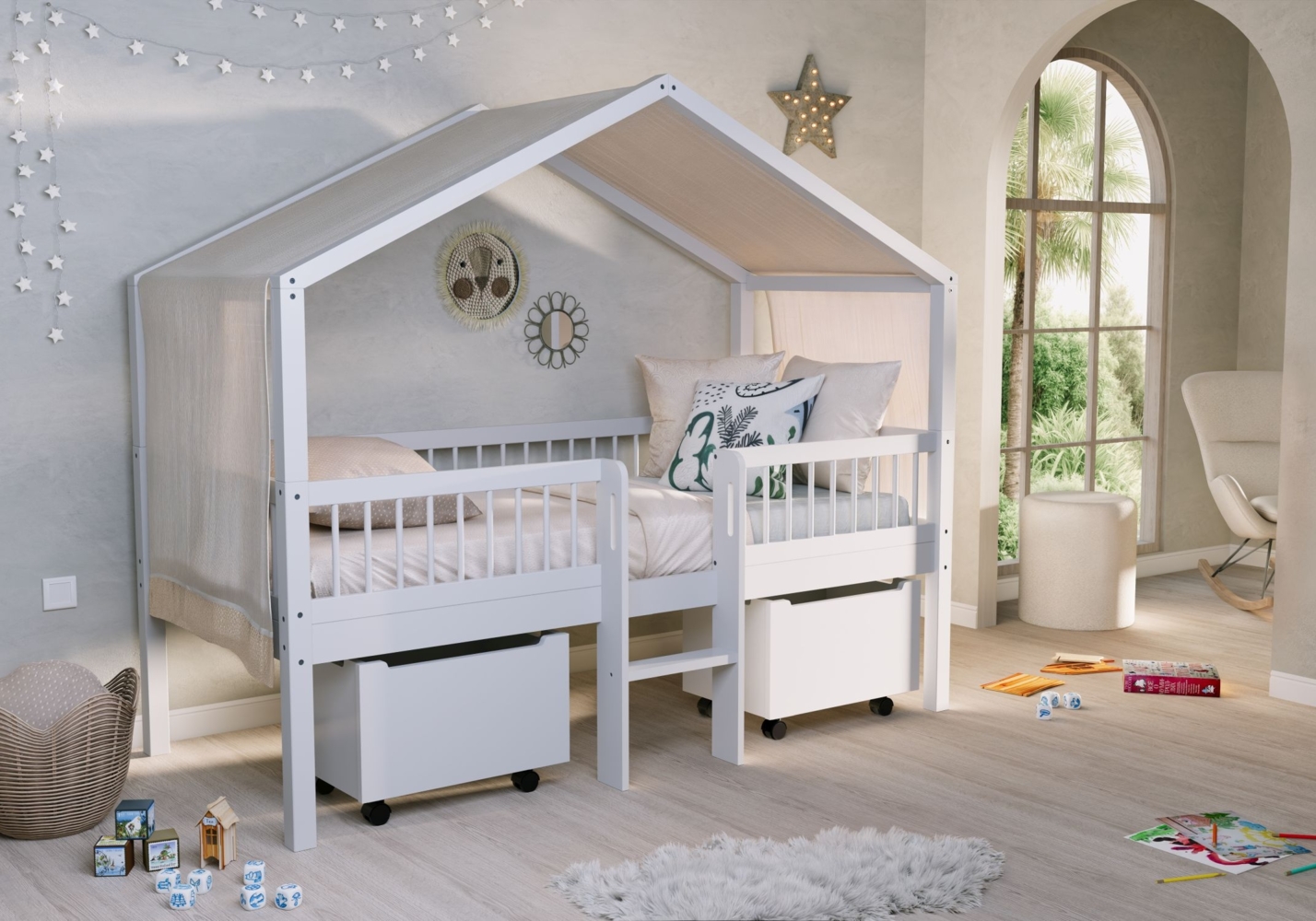 FORREST Buche Spiel-Hausbett 90 x 200 cm, inkl. Lattenrost, Leiter, Dachaufbau, 2 Rollboxen, Textilhimmel, Ausf. Buche massiv weiß lackiert Bild 1