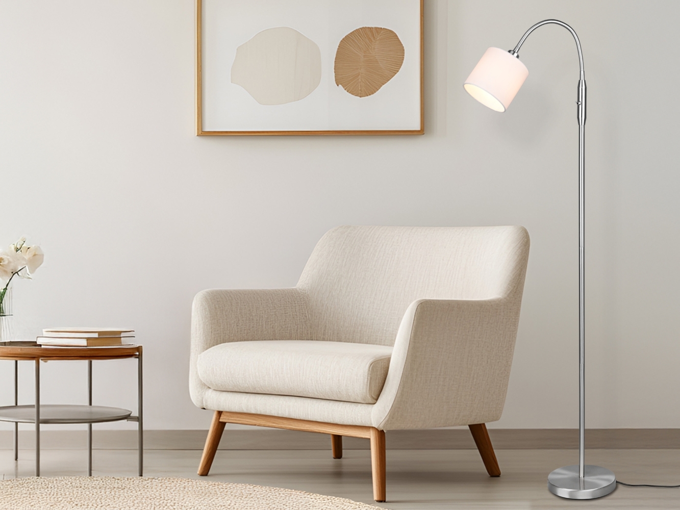 Kleine Stehleuchte TOMMY mit Flexarm & Stoffschirm Weiß, Höhe 130cm Bild 1