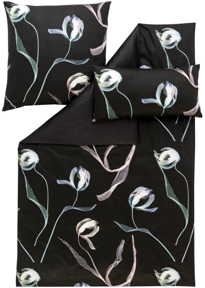 Estella Bettwäsche Tulipa 7597 900 Schwarz Mako Satin 200 x 220 + 2x 80 x 80 cm Bild 1