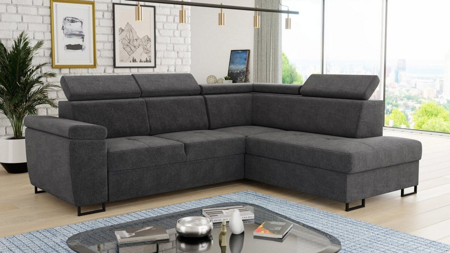 Ecksofa Natan mit Schlaffunktion und einstellbare Kopfstützen - Wohnlandschaft mit Metallfüßen, Couchgarnitur, Bettkasten, Sofa (Ecksofa Rechts, Dunkelgrau (Kronos 22)) Bild 1