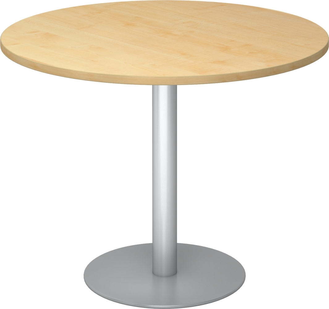 bümö Besprechungstisch, Esstisch klein, Tisch rund 100 cm - kleiner Esstisch Ahorn, Rundtisch Esstisch 2 Personen mit Holz-Platte, Säule aus Metall in silber, Konferenztisch, Bistrotisch, STF10-3-S Bild 1