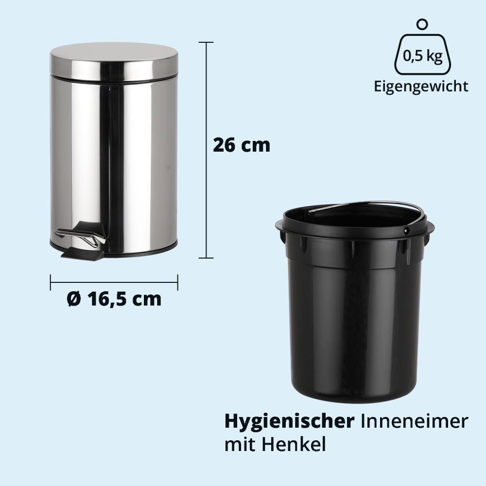 KHG Mülleimer Bad, Kosmetikeimer 3l | Abfalleimer Treteimer aus Aluminium in spiegelndem Chrom | herausnehmbarer Inneneimer, ideal für Küche, Badezimmer, Büro Bild 1