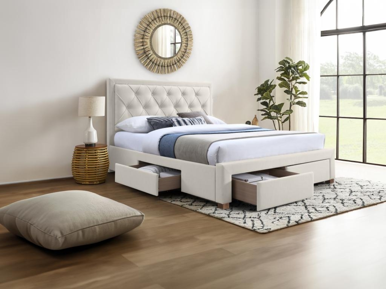 Vente-unique - Polsterbett mit Schubladen + Matratze - 160 x 200 cm - Stoff - Beige - LEOPOLD Bild 1
