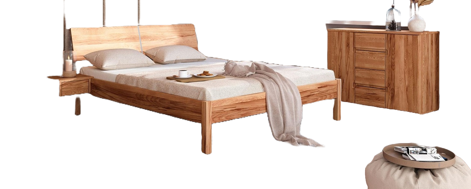 Bett Bento 9 aus Kernbuche massiv 180x200 cm mit Holzkopfteil und Holzbeinen Bild 1