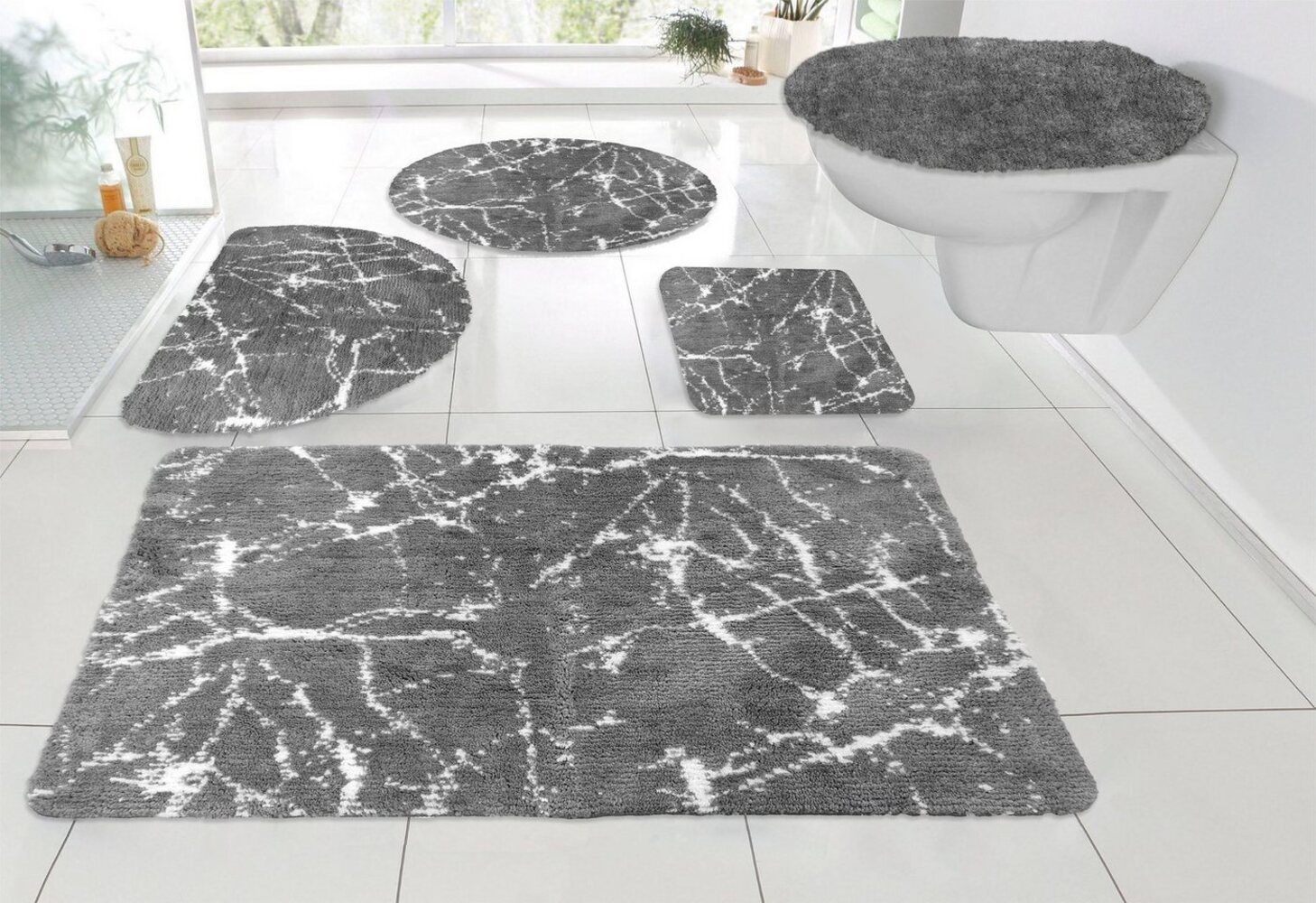 Leonique Badematte Marble, Höhe 15 mm, rutschhemmend beschichtet, fußbodenheizungsgeeignet, schnell trocknend, strapazierfähig, Polyester, rund, Badteppich, Marmor-Design, auch als 3-teiliges Badematten Set Bild 1