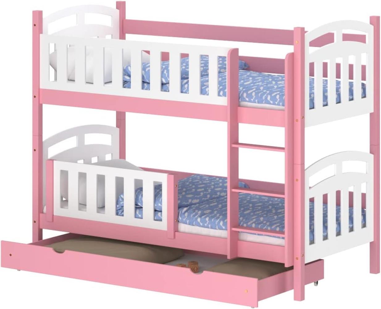 WNM Group Hochbett mit Rausfallschutz und Schublade Suzie - aus Massivholz - Hochbett Kinderbett fr Mdchen und Jungen - Absturzsicherung Hochbett - Kinderhochbetten 180x90 cm - Rosa Bild 1