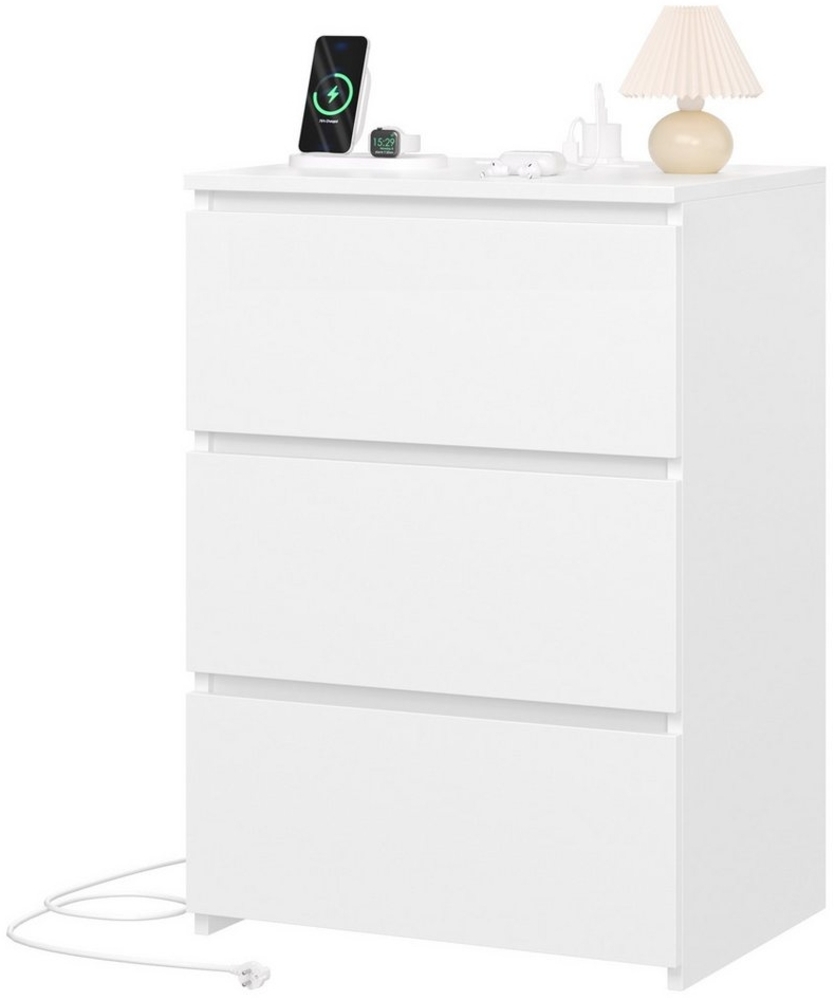Homfa Nachttisch Nachtschrank Nachtkommode Nachtkonsole (1-St), 3 Schubladen, 2 AC-Steckdosen, 2 USB-Anschlüsse, 45x38x66 cm, Weiß Bild 1