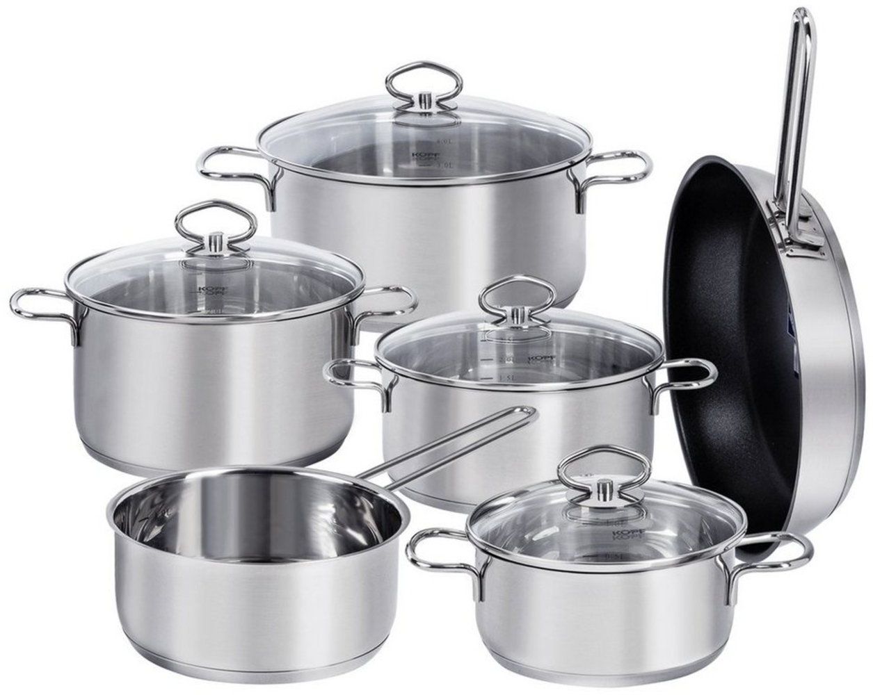 Kopf Topf-Set Merkur 6-tlg, Edelstahl (6-tlg), Kochtopfset Induktion, mit Schüttrand, Literskala und Glasdeckel Bild 1