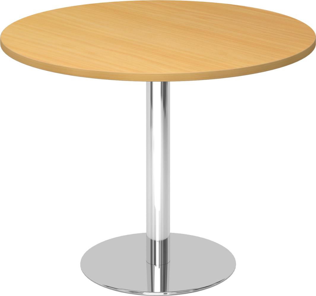 bümö Besprechungstisch, Esstisch klein, Tisch rund 100 cm - kleiner Esstisch Buche, Rundtisch Esstisch 2 Personen mit Holz-Platte, Säule aus Metall verchromt, Konferenztisch, Bistrotisch, STF10-6-C Bild 1