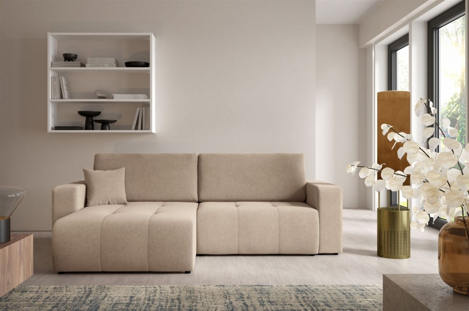 Ecksofa Sofa mit Schlaffunktion AUGUSTO in Stoff Wind Beige Ottomane Links Bild 1