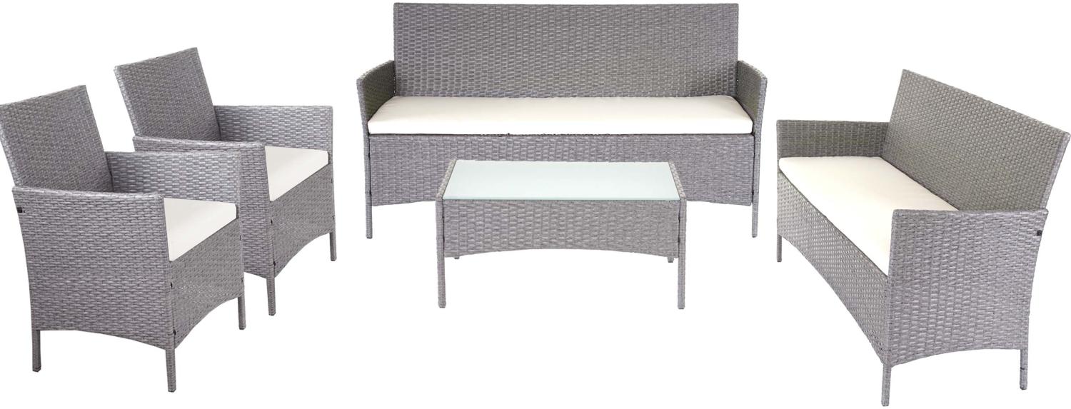 3-2-1-1 Poly-Rattan Garten-Garnitur Halden, Lounge-Set Sitzgruppe Sofa ~ grau, Kissen creme Bild 1