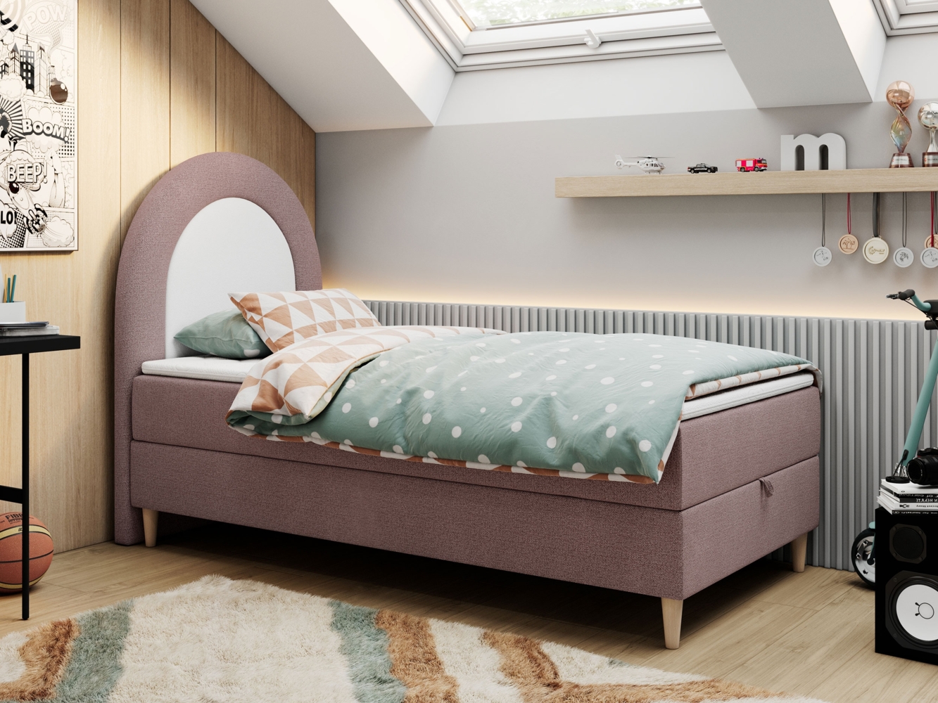 Kinderbett NEST, Boxspringbetten für Kinderzimmer, Jugendbett, Einzelbett mit Matratze 90 x 180 cm - Rosa Stoff - Topper T25 Bild 1