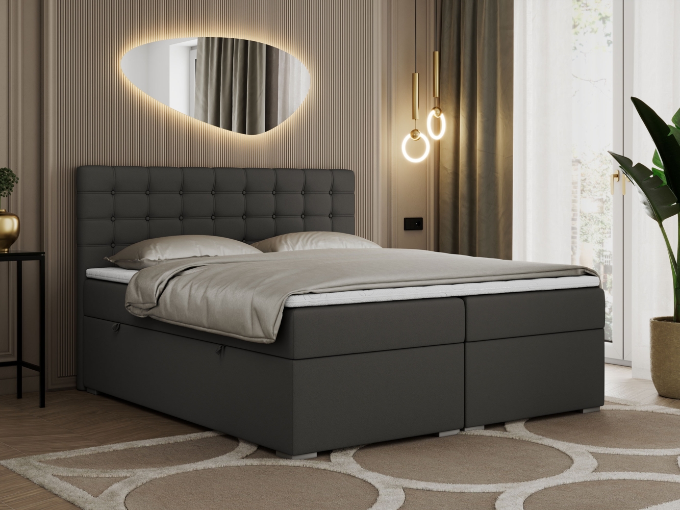 Boxspringbett, Deko Bed mit Matratze und Topper - SUSAN - 160x200cm - Grau Kunstleder - H3 Bild 1