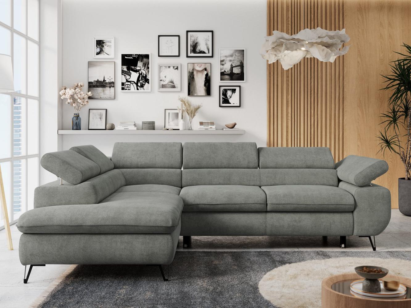 Ecksofa mit Bettfunktion, Modern Sofa, L-form, Einstellbare Kopfstützen, Bettkasten, PETER, 1x Ecksofa, Grau, Stoff, links Bild 1