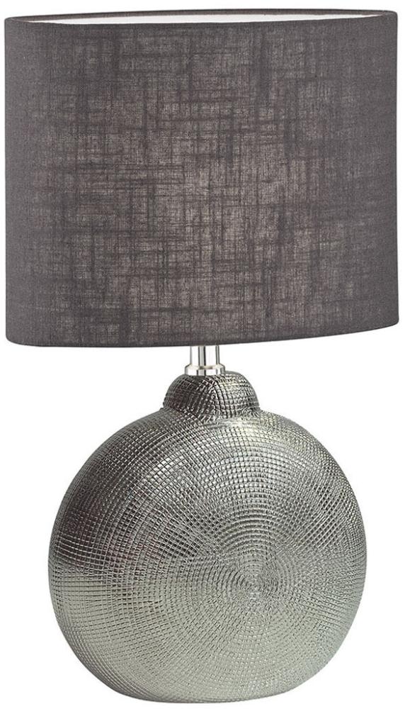 FISCHER & HONSEL LED Nachttischlampe, LED wechselbar, Warmweiß, Lampen-Fuß Keramik Silber, Lampenschirm oval Leinen Grau, 39cm klein Bild 1