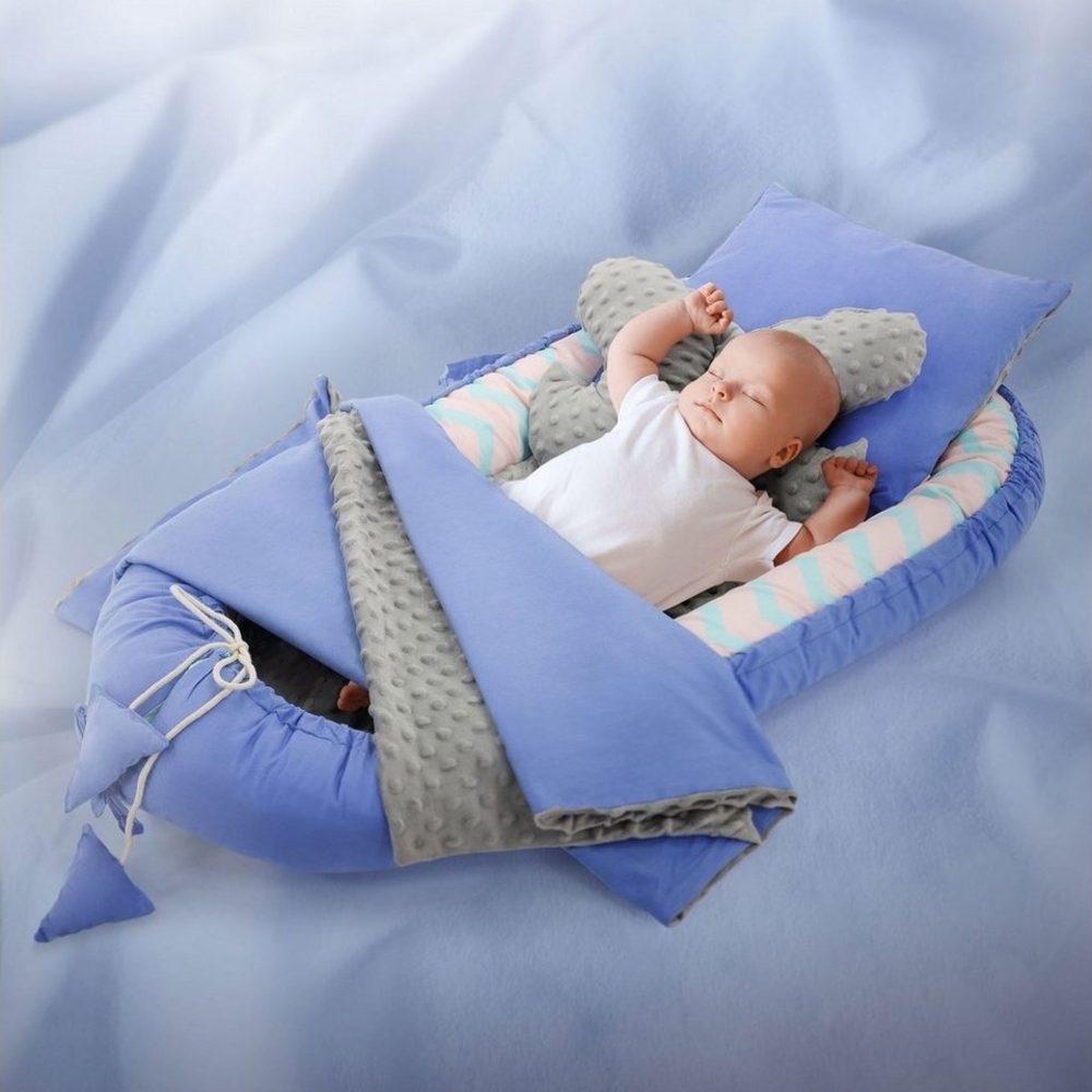 Joyz Babybett Baby Nestchen mit Muster aus Baumwolle waschbar bei 40 Grad, 5-tlg, Babynest 5 teilig Wal mit Blauem Minky 90x50cm Baumwolle Bild 1