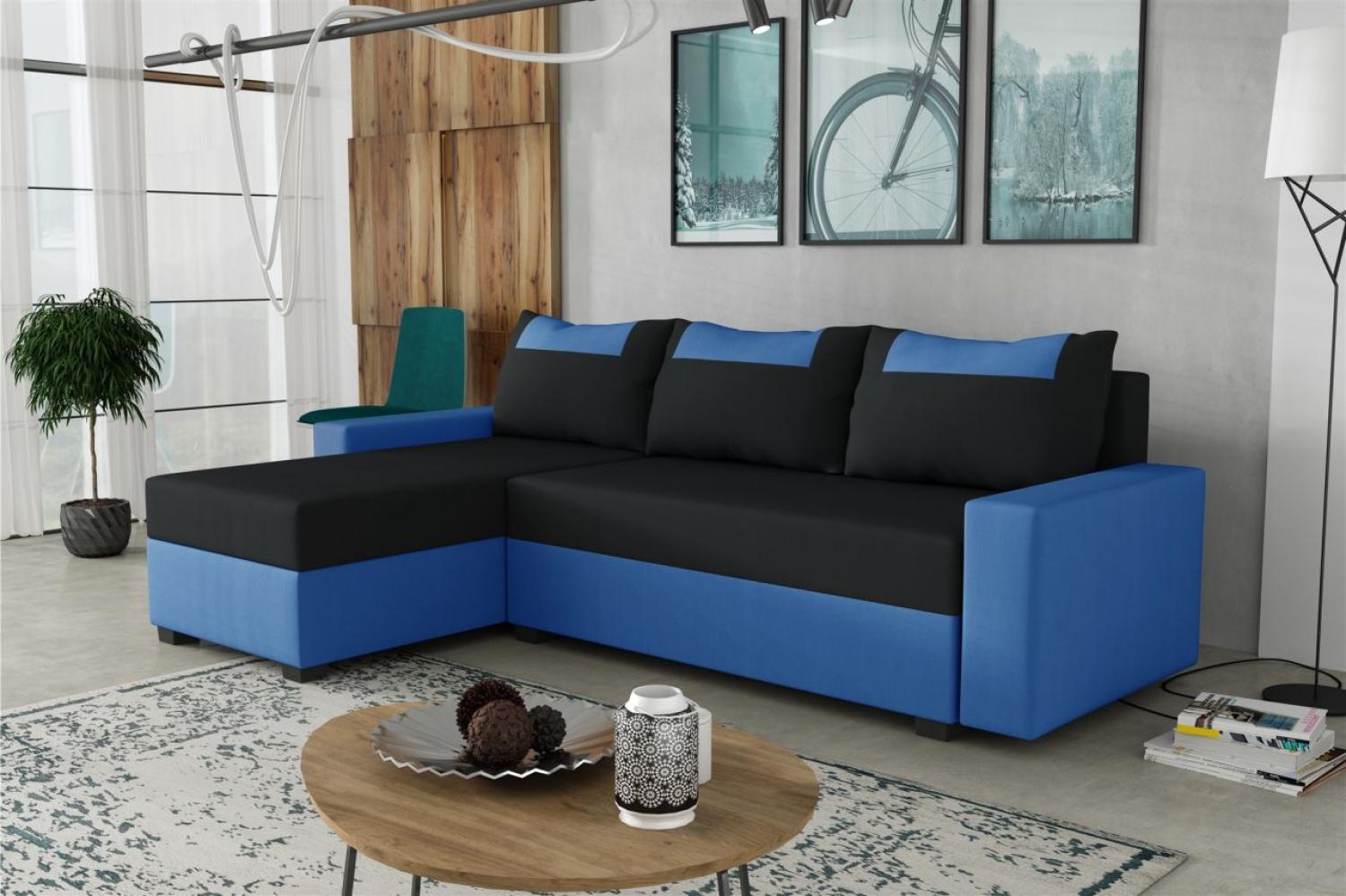 Ecksofa Schlafsofa Sofa HEDVIG Manila Blau- Schwarz Ottomane Links Bild 1