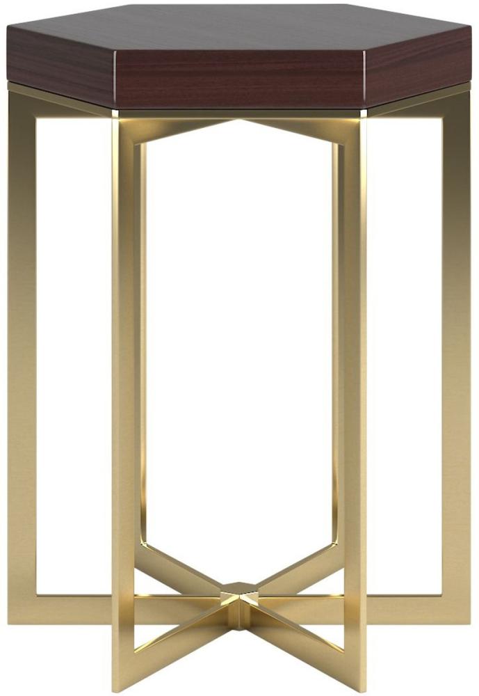 Casa Padrino Designer Beistelltisch Dunkelbraun Hochglanz / Gold 50 x 50 x H. 65 cm - Edler 6-eckiger Tisch mit Massivholz Tischplatte und Edelstahl Gestell - Luxus Qualität Bild 1