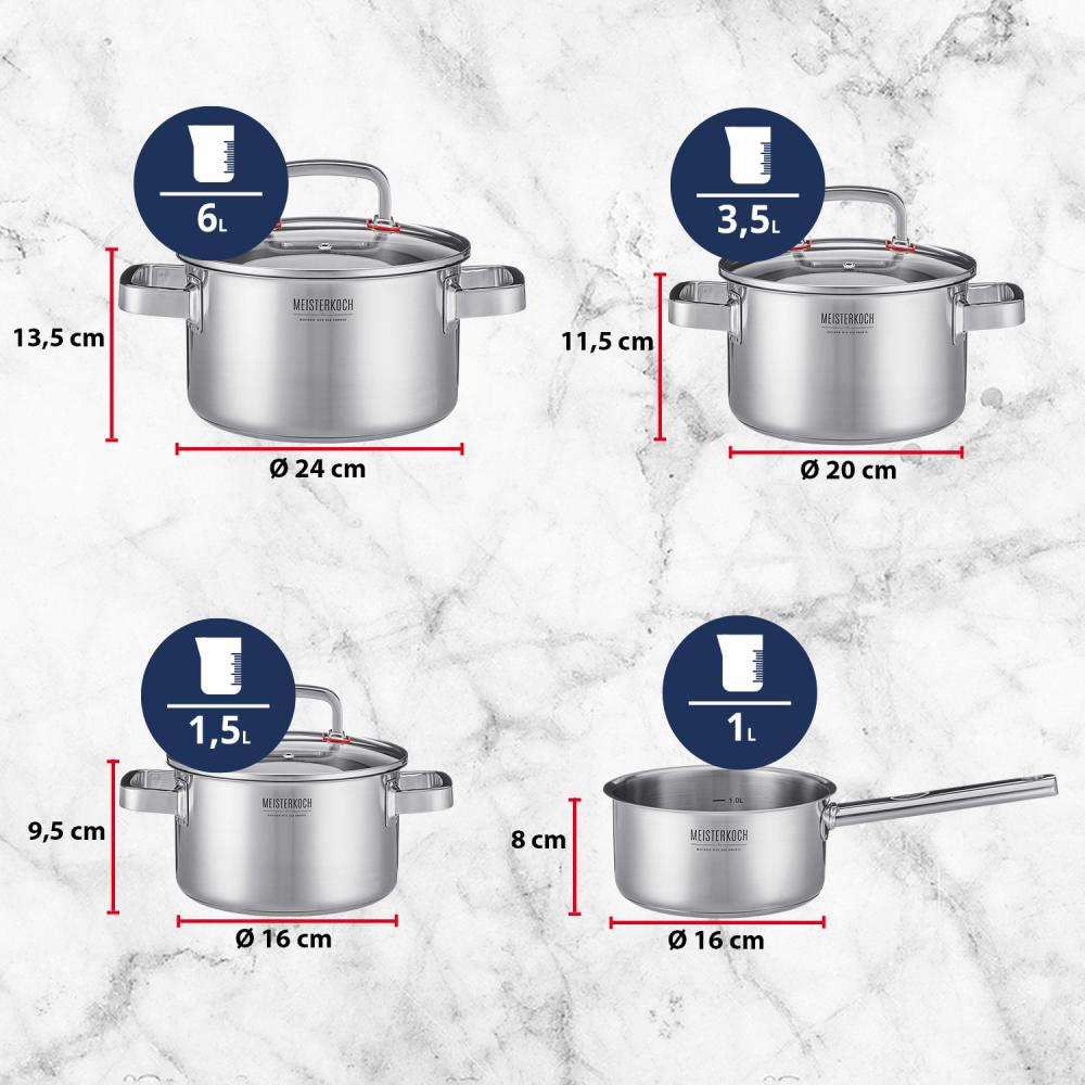 MEISTERKOCH Premium-Topfset aus rostfreiem Edelstahl | Profi-Kochgeschirr 4-teilig inklusive 3 Glasdeckel | isolierende Kaltgriffe, Induktion, Innenskala | 16-24 cm Durchmesser Bild 1