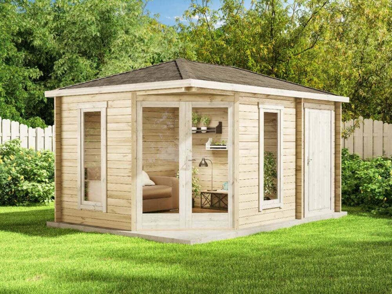 Alpholz 5-Eck Gartenhaus Liwa Compact mit Anbau Gartenhaus aus Holz Holzhaus mit 28 mm Wandstärke Blockbohlenhaus mit Montagematerial Bild 1