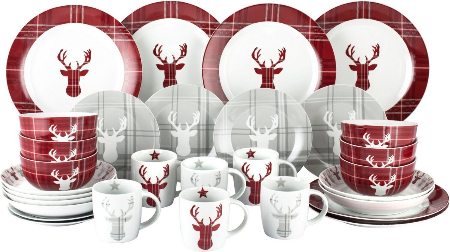 Retsch Arzberg Kombiservice Geschirr-Set, Service HIGHLAND STAG, Winter, Advent, Weihnachten (30-tlg), 6 Personen, Porzellan, Hirsch trifft Schottenkaro, 30 Teile, für 6 Personen Bild 1