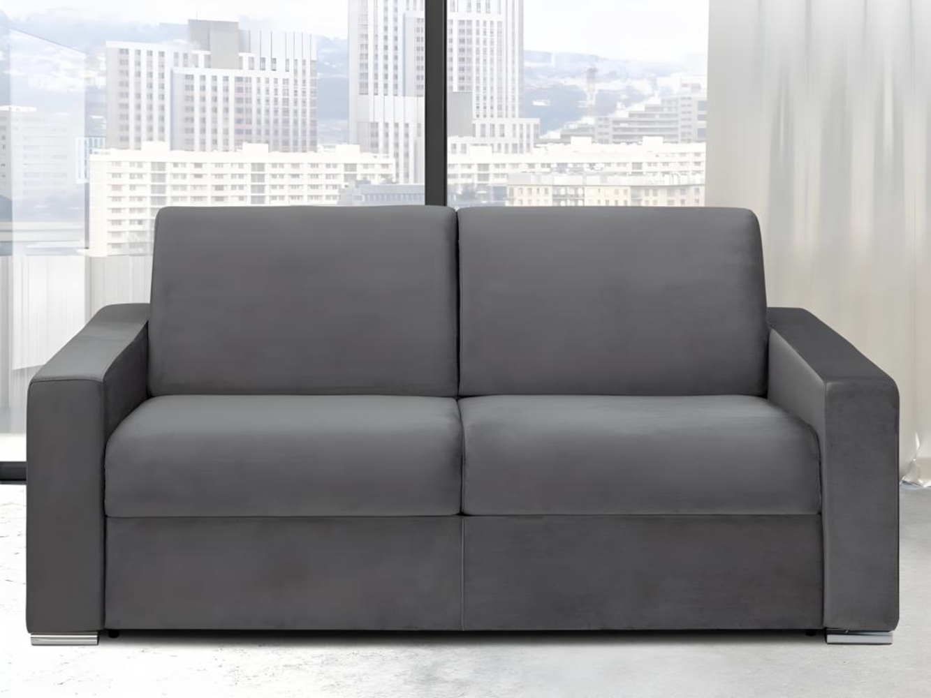 Vente-unique - Schlafsofa mit Matratze 2-Sitzer Samt - Anthrazit - Liegefläche mit Lattenrost: 120 cm - Matratzenhöhe: 14 cm mit Memory Schaum - CALITO Bild 1