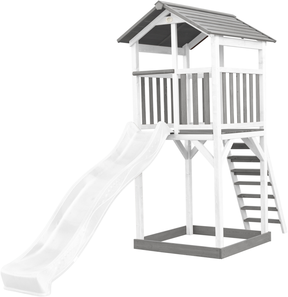 AXI Beach Tower Spielturm aus Holz in Weiß & Grau Spielhaus für Kinder mit weißer Rutsche und Sandkasten | Weiß, grau, weiß | Holz | 349 cm Bild 1