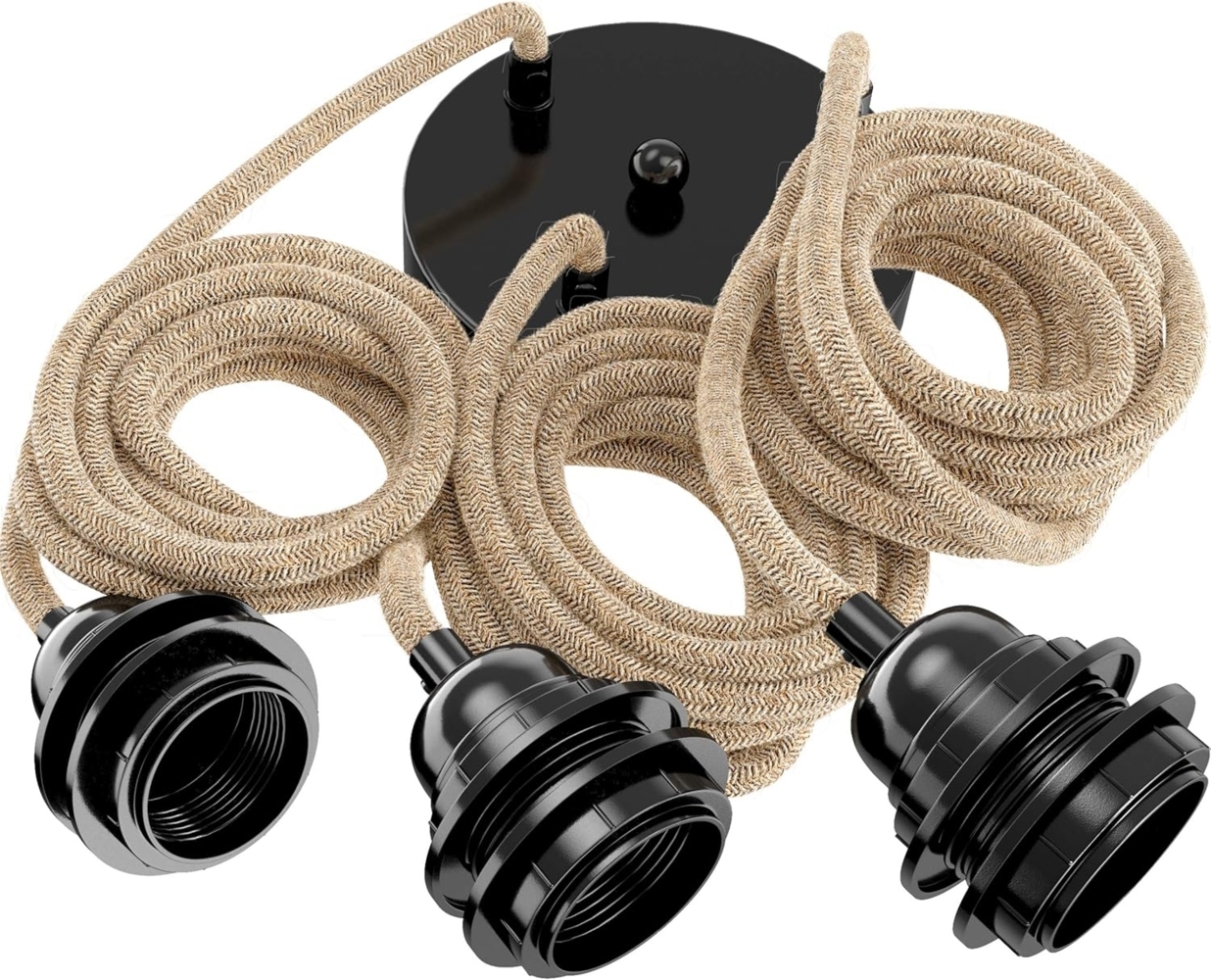 HOOPZI - Pendelleuchte - Hang 3 Flammig - 2,5m Textilkabel Seil - 3 X E27 Fassung - Vintage Retro Ficelle natur Bild 1