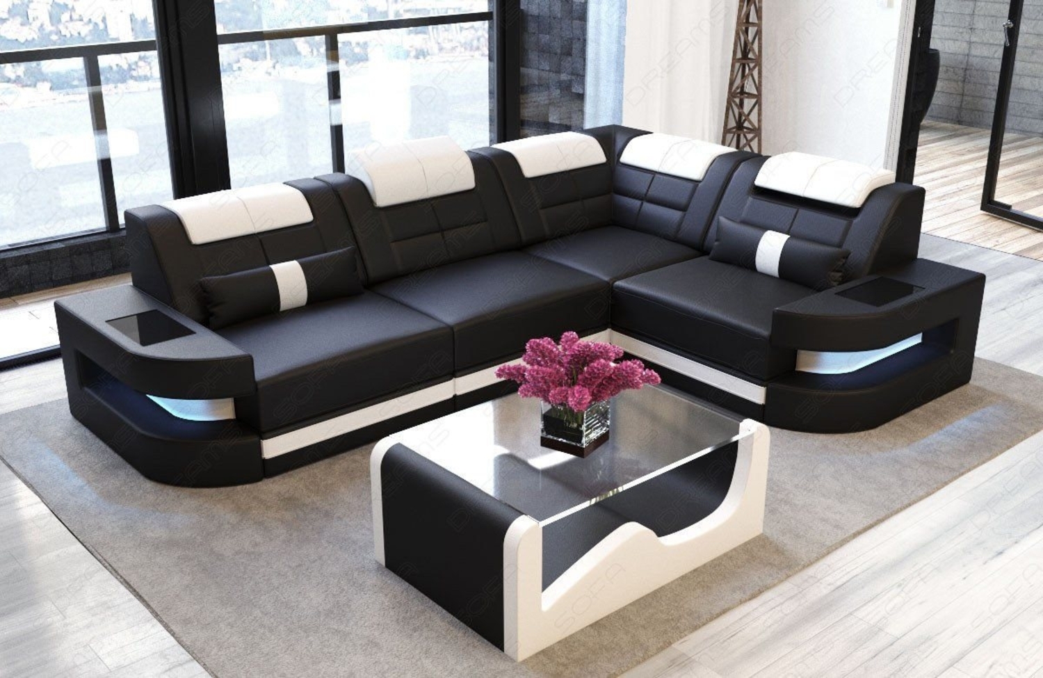 Sofa Dreams Ecksofa Ledersofa Como L Form Mini, Designersofa, Sofa mit Beleuchtung Bild 1