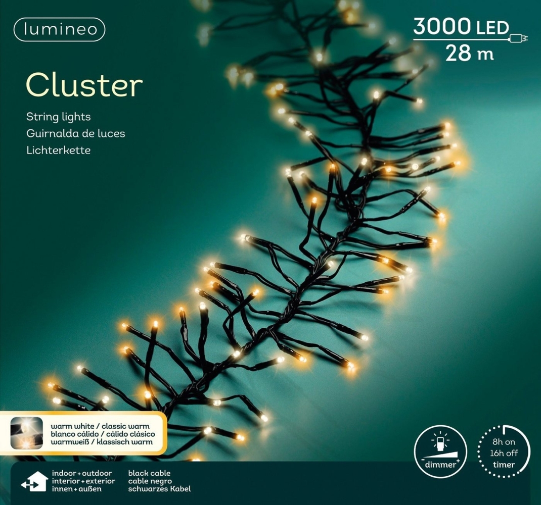 Lumineo LED-Lichterkette Lumineo Lichterkette CLUSTER 3000 LED 28 m, warm weiß + klassisch warm, Dimmbar, 8h-Timer, Indoor/Outdoor, 2 Farben, 2-3 m Bild 1