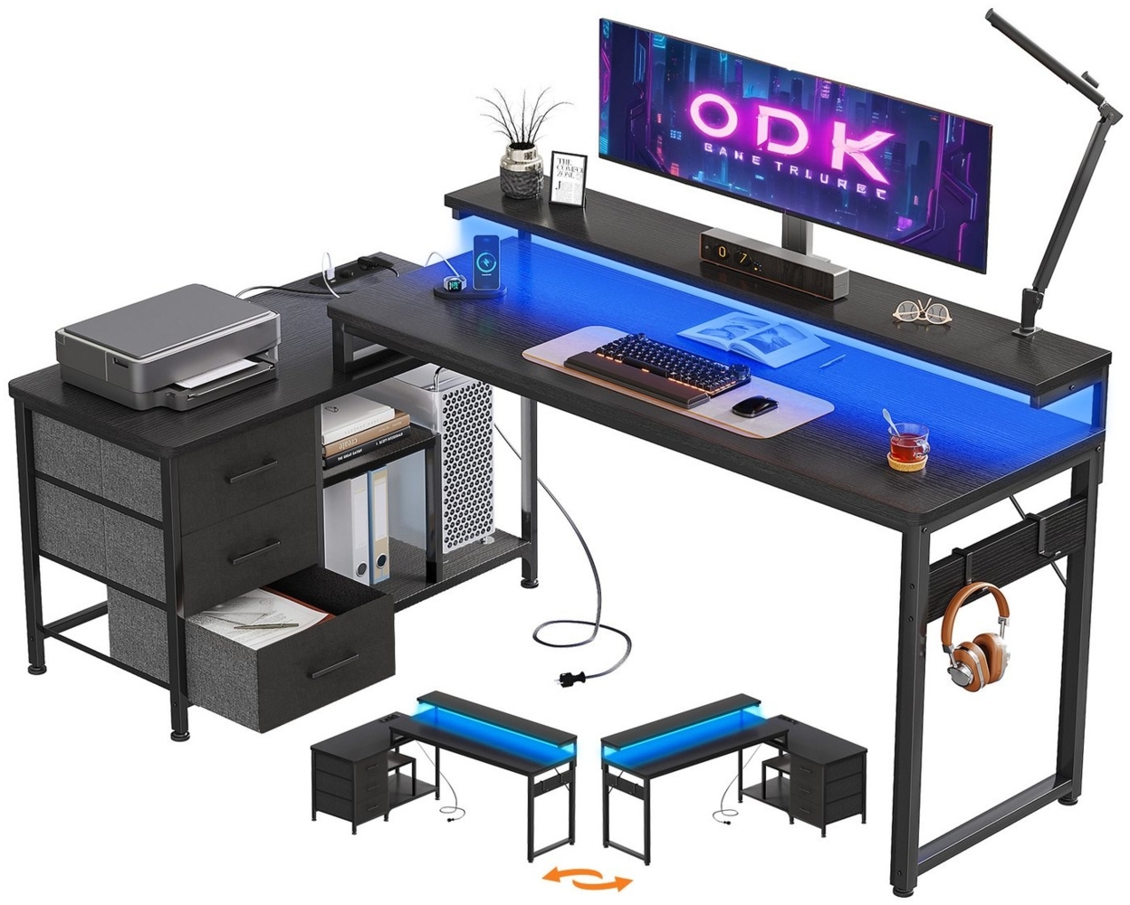 ODK Schreibtisch L Form mit Schubladen, Umkehrbar Eckschreibtisch mit LED Bild 1