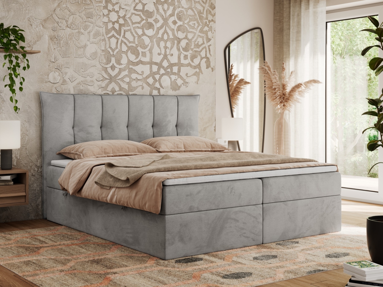 Boxspringbett, Polsterbett mit Bettkasten - PREMIUM-10 - 140x200cm - Hellgrau Velours - H3 Bild 1