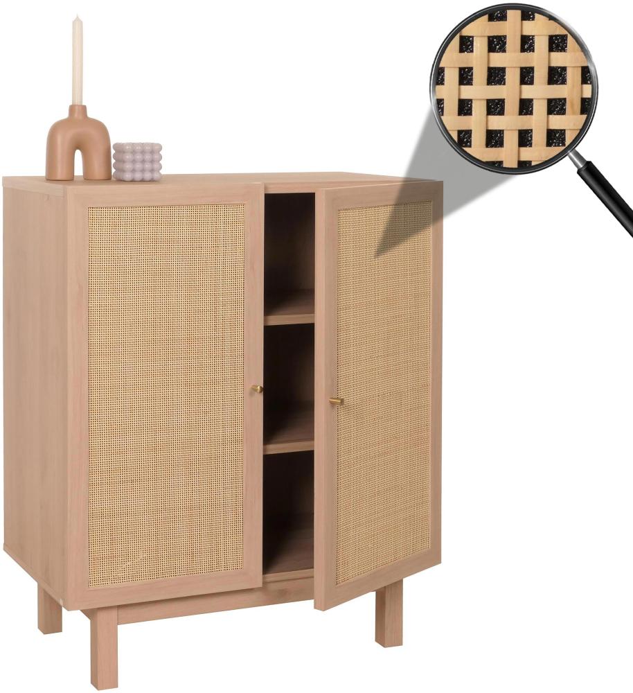 Highboard HWC-M51, Kommode Schrank Sideboard, Staufächer, Massiv-Holz Mango Kubu Rattan 98x79x42cm ~ natur Bild 1