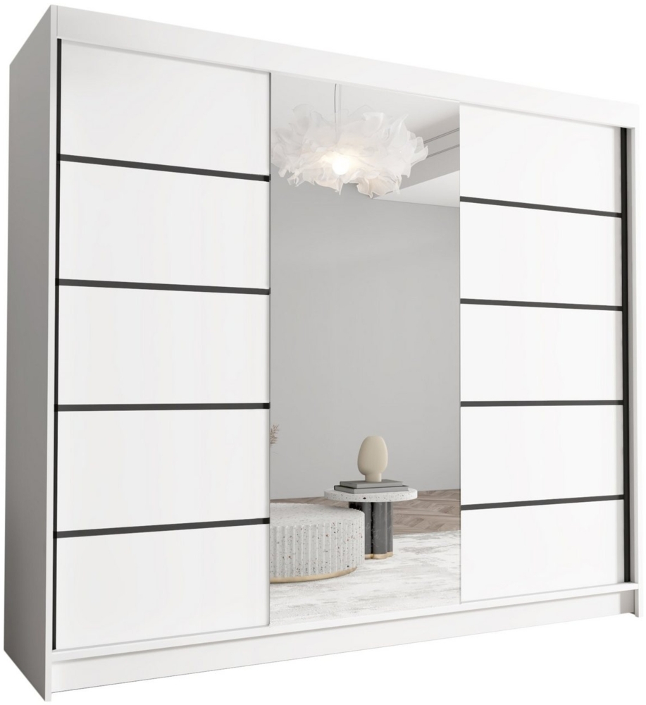 Schwebetürenschrank Netro VI 250 cm mit Spiegel - Groß Kleiderschrank, Schiebetürenschrank mit Kleiderstange und Einlegeboden, Schlafzimmerschrank, Schiebetüren, 250x215x58 cm (Weiß) Bild 1